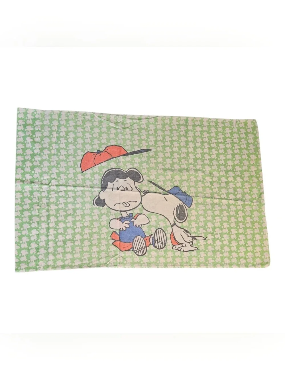 Vintage 1970’s Snoopy Pillowcase Charlie Brown Lucy Peanuts Baseball Green White
